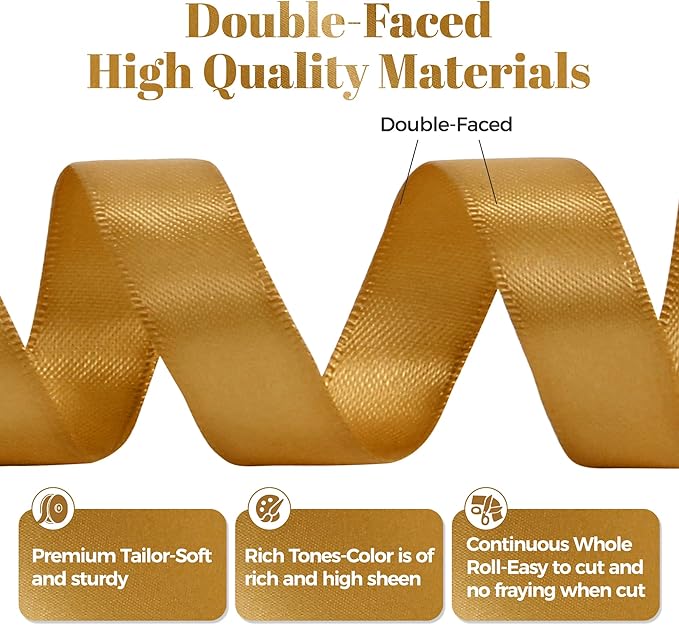 Old Gold Satin Ribbon, Double Faced 5/8 Inch X 25 Yards Old Gold Ribbon, Premium Satin Ribbon for Gift Wrapping, Crafts, Hair Bow Making, Sewing, Flower Bouquet, Wedding Party Decor