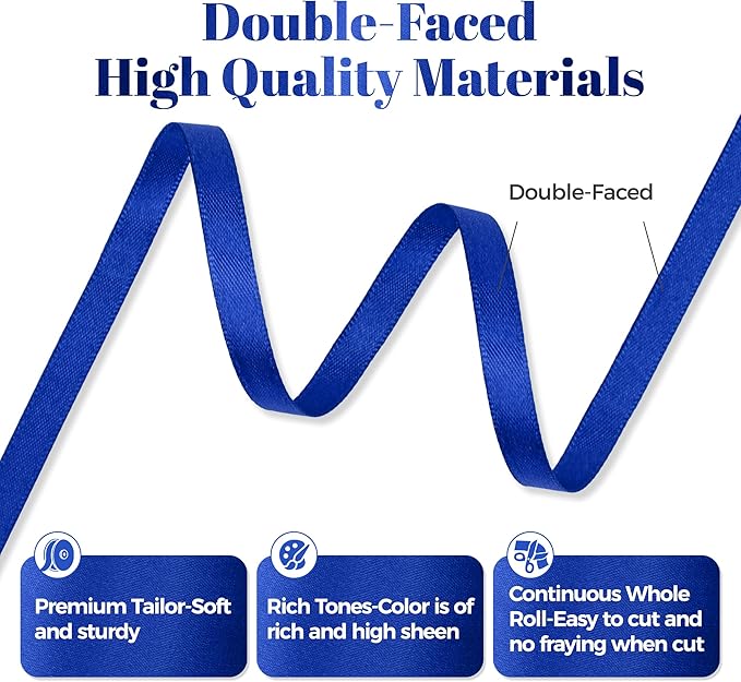Royal Blue Satin Ribbon, Double Faced 1/4 Inch X 25 Yards Royal Blue Ribbon, Premium Satin Ribbon for Gift Wrapping, Crafts, Hair Bow Making, Sewing, Flower Bouquet, Wedding Party Decor