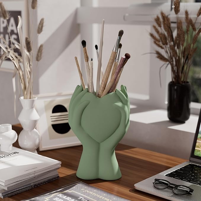 8 Inch Heart Hand White Ceramic Vase - Unique Modern Aesthetic Flowers Vase for Living Room Bedroom Office Kitchen Table Centerpiece or Shelf Decor - Gifts for Wedding Bridal Shower Women Mom (Green)
