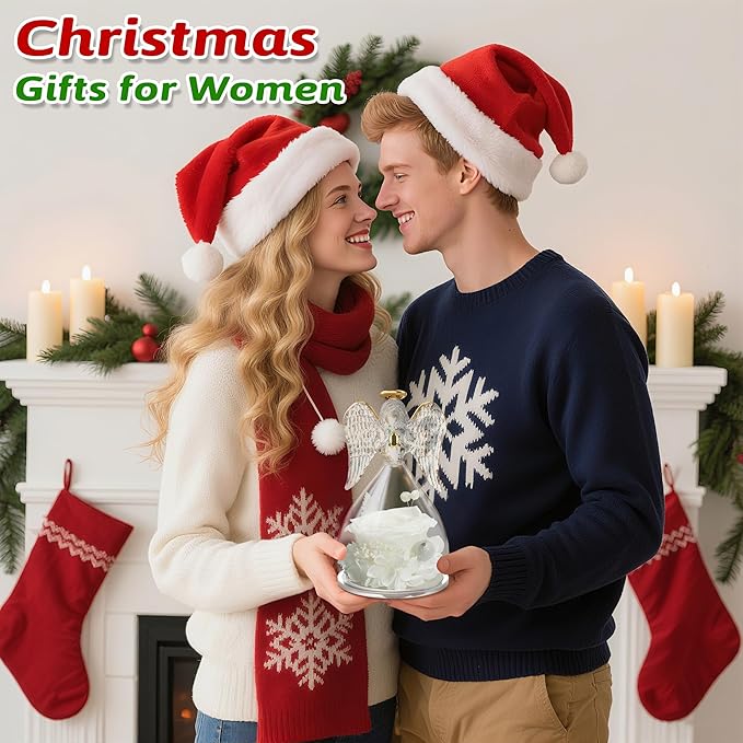 Yamonic Birthday Gifts for Women, Angel Figurines with Real Rose Gifts for Her Mom Grandma,Preserved Flowers Rose Angel Figurines for Mothers Day Christmas Anniversary Birthday Gifts for Her (White)