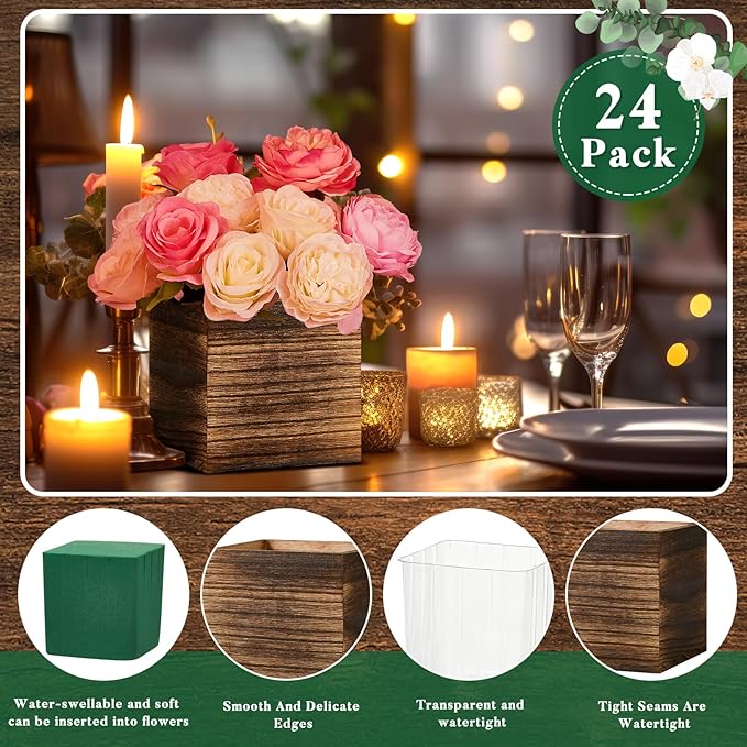 Dandat 24 Set Wood Cube Planter Box Square Wood Vase Rustic Cube Planter Box with Removable Plastic Liner Floral Foam Blocks for Centerpieces Home Wedding Garden Decor, Country Style (Brown)