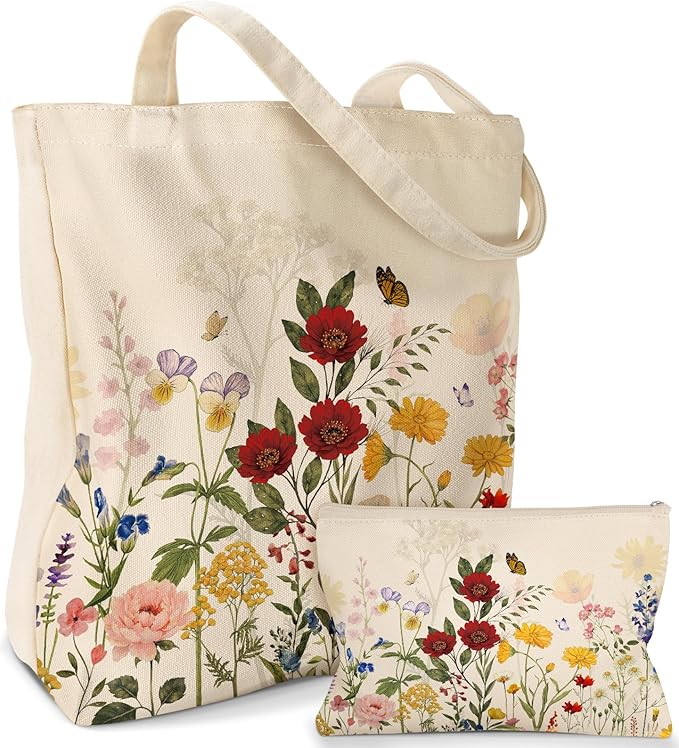 2 Pack Canvas Tote Bag - with Makeup Pouch Aesthetic Cute Women Reusable Canvas Bag for Shopping, Work, Travel