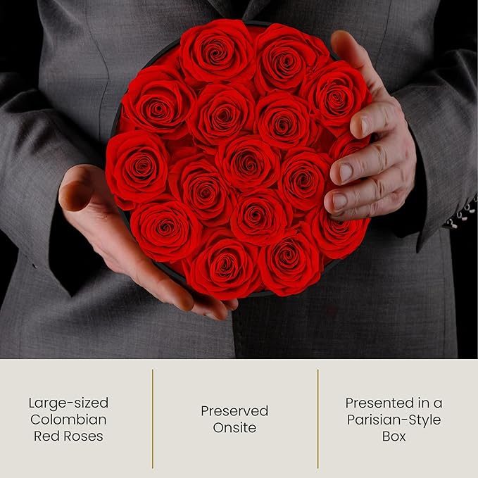The Eternity Rose 16-Piece Preserved Roses in a Luxury Gift Box – Real Roses in Black Round Box – A Valentine’s Gift as Everlasting as Your Love