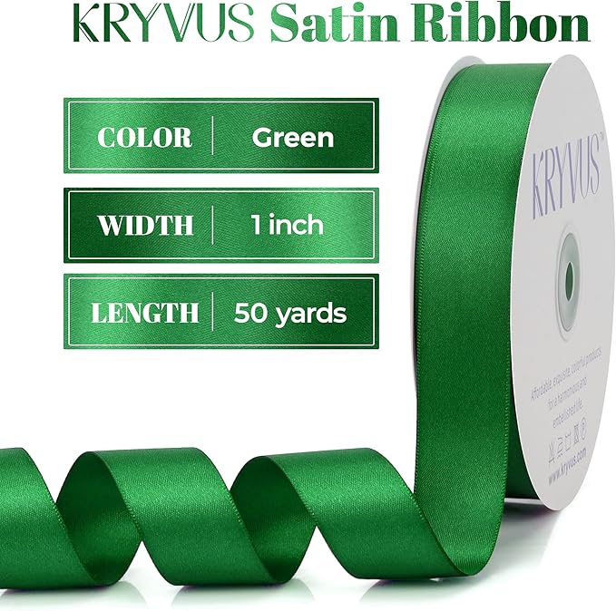 Green Satin Ribbon, Double Faced 1 Inch X 50 Yards Green Ribbon, Premium Satin Ribbon for Gift Wrapping, Crafts, Hair Bow Making, Sewing, Flower Bouquet, Wedding Party Decor