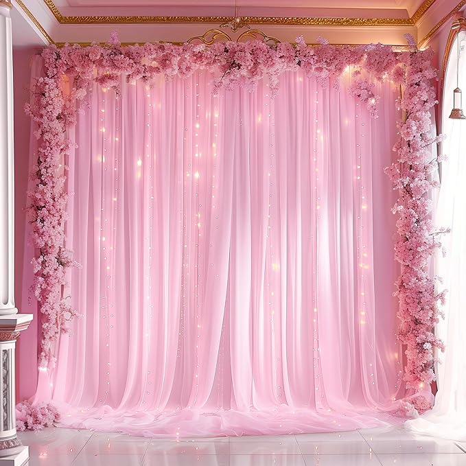 10ft x 10ft Pink Backdrop Curtain with Lights String for Parties, Sheer Tulle Wedding Photo Backdrops Drapes for Baby Shower Birthday Party Decorations Background for Photography