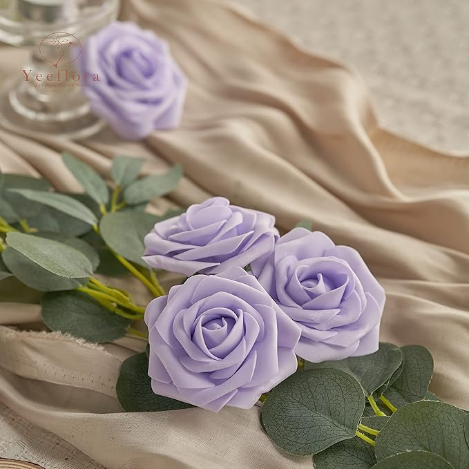 Artificial Flowers, 25pcs Artificial Rose for DIY Wedding Bouquets Centerpieces Arrangements, Purple Foam Rose with Stem for Bridal Shower Party Home Decorations