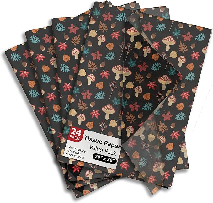 Fall Medley Printed Tissue Paper for Gift Bags or Boxes and Wrapping - Autumn Mushrooms Bulk Decorative Art Tissue Paper for Packaging and Gifting | 24 Sheets 20" x 30"