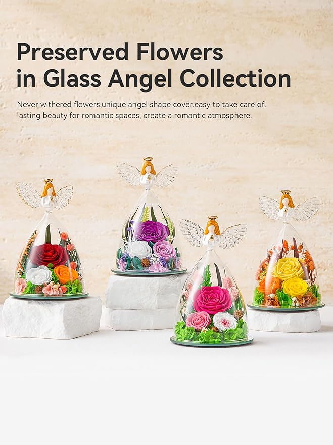 Gifts for Women Forever Flowers Preserved Rose in Glass Angel Figurine Real Colorful Roses Birthday Gifts for Her Grandma Sister Daughter Wife, Hot Pink
