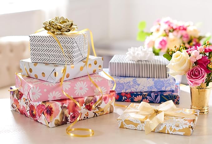 American Greetings 120 sq. ft. Reversible Flower Wrapping Paper Set for Birthdays, Weddings, Bridal Showers, Floral, Stripes and Polka Dots (4 Rolls, 30 in. x 12 ft. each)