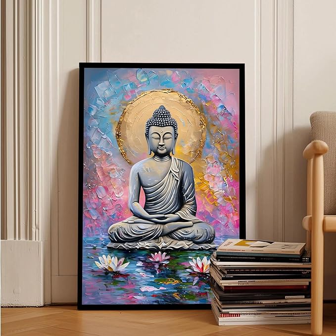 Lotus and golden Buddha meditation tranquil zen wall art mindfulness wall art for spiritual harmony and tranquility decor 24x36in Metal blackFramed
