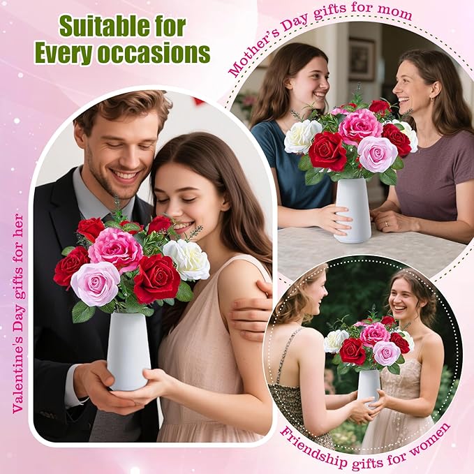 Artificial Roses with Flowers Scent Tablets with White Ceramic Basin Red White Pink Lifelike Faux Roses Fake Flowers for Wedding Party Festivals Home and Office Indoor Outdoor Decor