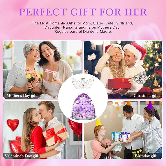 Preserved Flower Rose Gifts for Women, Forever Eternal Fresh Flowers in Glass Angel Figurines Real Purple Roses for Delivery Prime for Grandma Mom Sister Her Wife on Mothers Day Birthday Christmas
