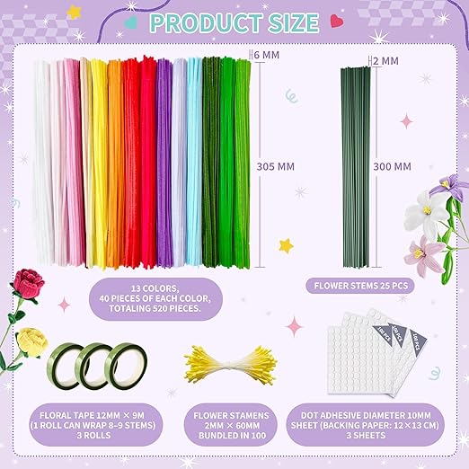 572 PCS Pipe Cleaners Flower Kit, 13 Colors Chenille Stems with Floral Wires, Stamen, Tapes, Dot Glue, Instruction & Gift Box – DIY Craft Set for Handmade Bouquets