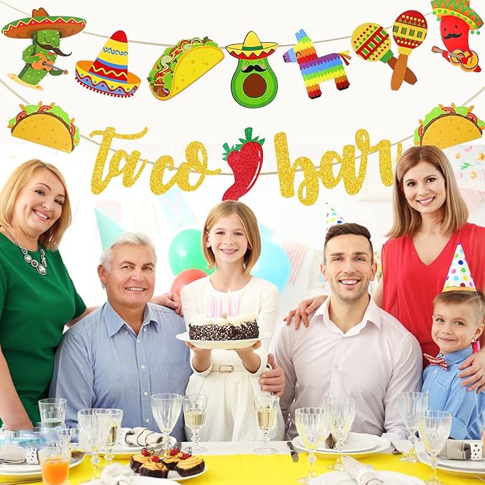 Fiesta Taco Bar Banner Garland 2 set Mexican Fiesta Party Banner with Cactus Donkey Maraca Sombrero Taco Pepper for Mexican Cinco de Mayo Fiestas Theme Party Supplies