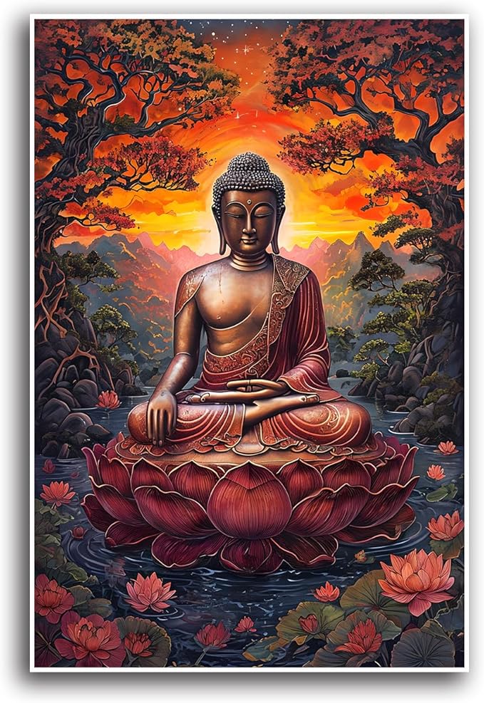 Golden Buddha on lotus seat serene meditation statue amidst lush trees flowing water and sunrise light spiritual home art for a tranquil decor 8x12in Frameless