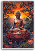 Golden Buddha on lotus seat serene meditation statue amidst lush trees flowing water and sunrise light spiritual home art for a tranquil decor 16x24in Frameless