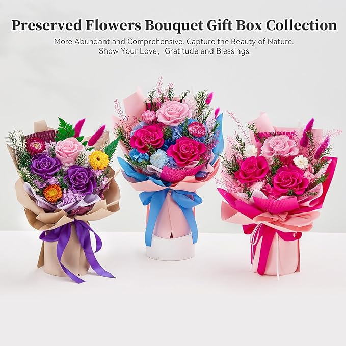 Forever Flowers Gifts for Her, Preserved Flowers Bouquet Birthday Gifts for Women, Preserved Roses for Grandma Wife Anniversary Valentine's Day Mother's Day (Purple Paper)