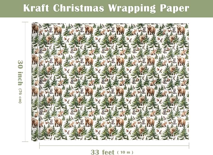 WRAPAHOLIC 30 Inch Kraft Christmas Wrapping Paper - 30 Inch x 33 Feet - White Wild Animal Winterfall Watercolor and Christmas Tree Wrapping Paper Perfect for Holiday, Party