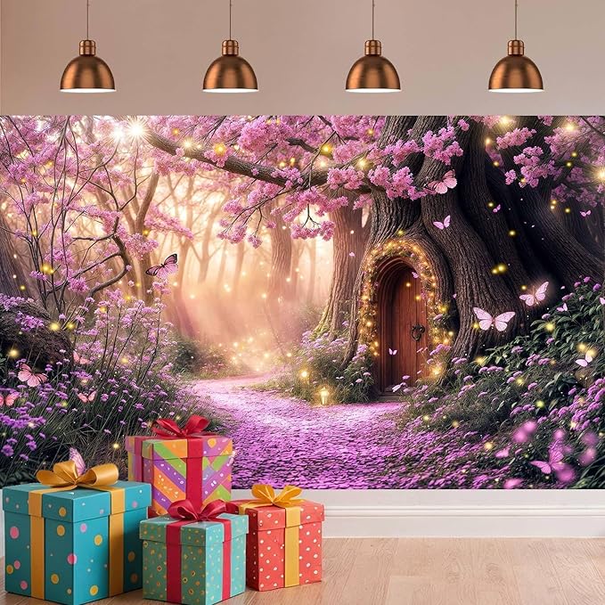 5X3ft Enchanted Forest Backdrop Fairy Tale Purple Garden Wonderland Tree House Floral Background for Kids Girl Baby Shower Birthday Party Decoration Banner Cake Table Photo Booth Props