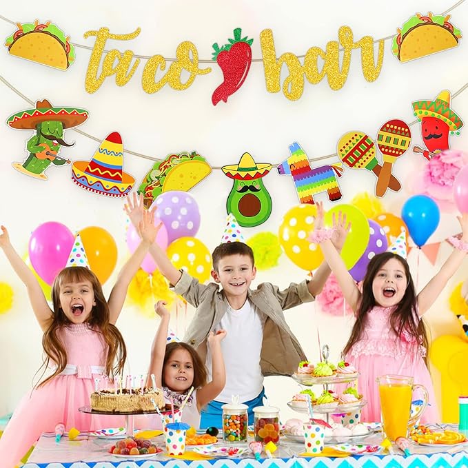 Fiesta Taco Bar Banner Garland 2 set Mexican Fiesta Party Banner with Cactus Donkey Maraca Sombrero Taco Pepper for Mexican Cinco de Mayo Fiestas Theme Party Supplies