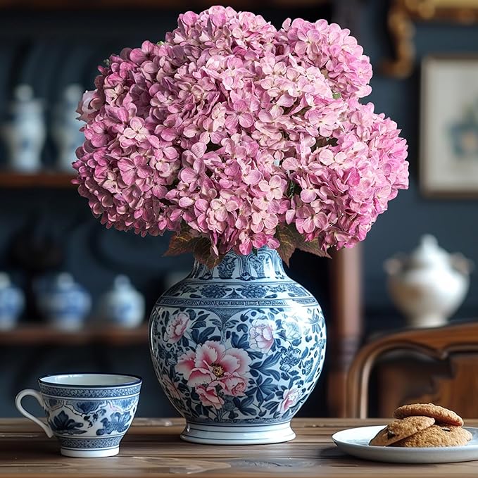Artificial Flower Fake Silk Hydrangea Heads Bouquet with Stems Bulk for Fall Decoration Table Center Christmas Indoor Outdoor Faux Floral Realistic with Leaves Plants Crafts 8PCS(Pink)