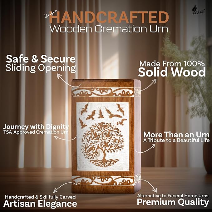 INTAJ Antique White Tree of Life Rosewood Urn for Human Ashes Adult Male Female - 250 lbs Capacity Wooden Cremation Urn Box Suitable for Burial Funeral Decorative Spiritual Memorial Casket