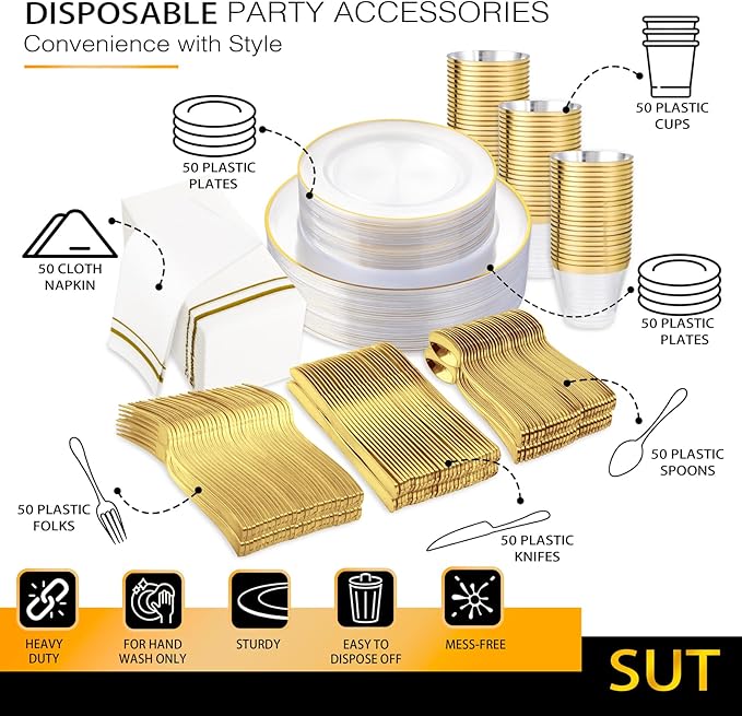 SUT 700Pcs Plastic Dinnerware Set for 100 Guests, Clear and Gold Plastic Plates, Disposable Plates and Napkins Party Supplies, Gold Silverware, Plates, Cups and Napkins Sets for Party Weddings