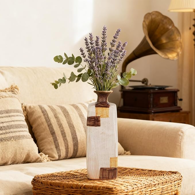 Ceramic Flower Vase Home Decor-8" Tall Vase for Centerpieces,Large Decorative Terracotta Vases, Farmhouse Rustic Pottery Vase for Home Decor Living Room, Table,Shelf or Mantel(Square)