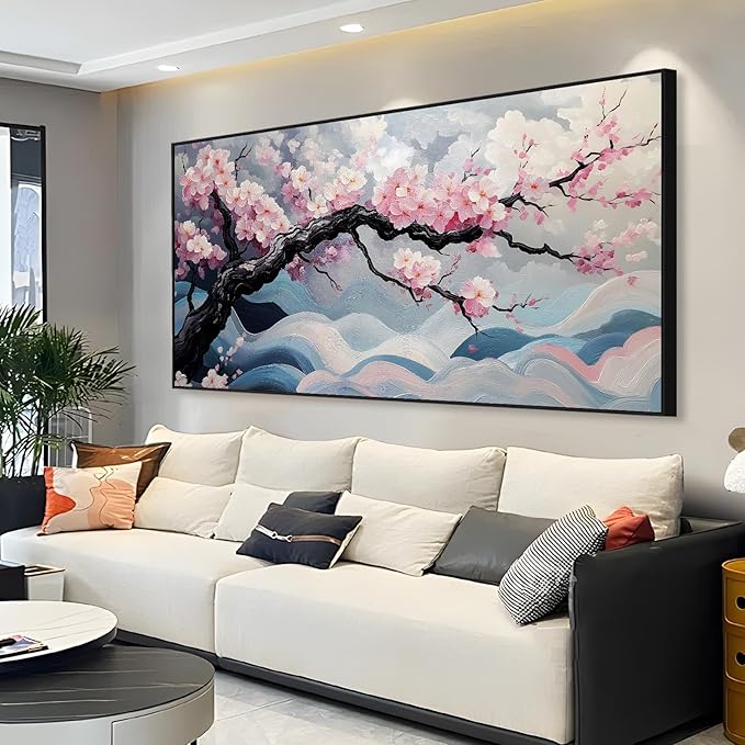 Japanese Cherry Blossom Canvas Wall Art, Sakura Tree Canvas Print, Pink Floral Pictures, Cherry Blossom Tree Wall Art, Flower Branch Decor, Nature Prints for Living Room (Black Framed, 47"x23" | 120x60cm)