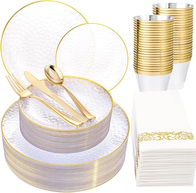 Rubtlamp 175 Pcs Plastic Dinnerware Set (25 Guests), Clear And Gold Plastic Plates, Hammered Party Plates Include Dinner Platos, Dessert Platos, Cups, Gold Cutlery Set And Napkins for Christmas