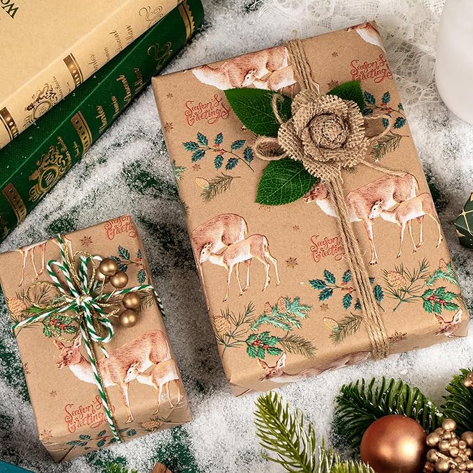 WRAPAHOLIC 30 Inch Kraft Christmas Wrapping Paper - 30 Inch x 33 Feet - Reindeer Wrapping Paper with Holly Design for Christmas, Holiday, Party Celebration