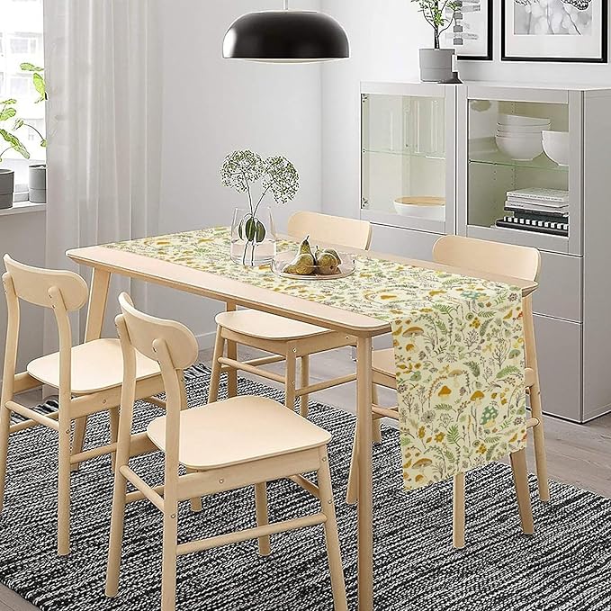 Wild Mushroom Table Runner, Vintage Botanical Rustic Retro Wildflower Herbs Plants Green Mushroom Table Cover for Home Kitchen Dining Decor Indoor Outdoor Party, 13x70inch