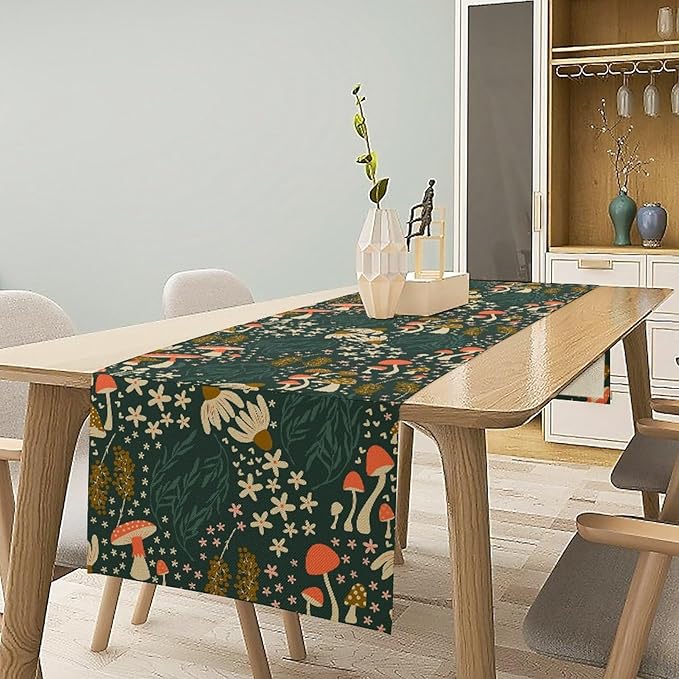 Mushroom Table Runner, Cartoon Woodland Summer Flowers Plants Forest Seasonal Spring Kitchen Dining Table Decoration for Home Party Decor, 13x120inch