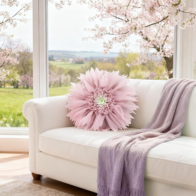 Hand Crafted 3D Flower Round Velvet Throw Pillow Cover Pink Decorative Floral Accent Pillowcase Cute Elegant Cushion with Insert for Bed Couch Car Farmhouse Home Decor Gift 12Inch Rose Gold
