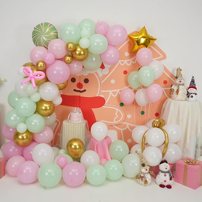Christmas Decorations Balloons Arch Kit, Pastel Pink Green White Gold Balloons with Star Peppermint Candy Cane Foil Balloon for Christmas Xmas Gingerbread Nutcracker Baby Shower Birthday Party Decor