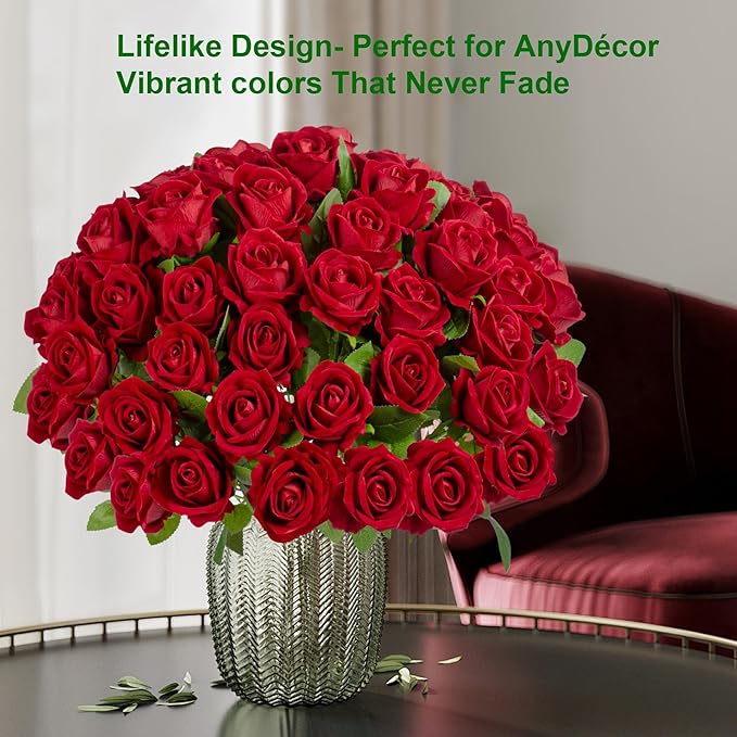 Fake Plants Roses Flowers Plastic Flowers Spring Decorations for Home Gifts for Gf Roses Artificial Flowers for Vase Fake Flowers Home Decor Fake Plant 19.6"(Red 100PCS)