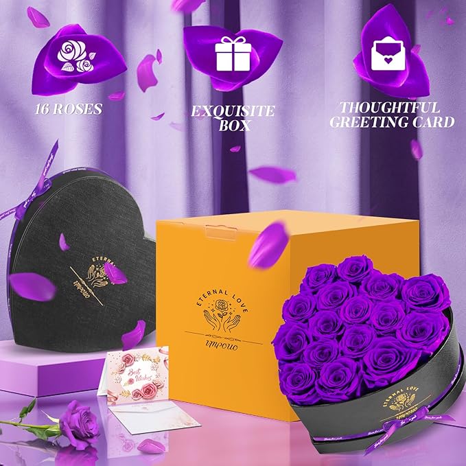16 Preserved Flower Delivery Prime, Preserved Roses in a Box, Birthday Gifts for Women, Mother's Day, and Valentine's Day-Purple Roses