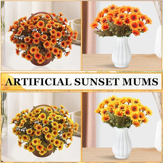 Artificial Mums 10 Bundles, Artificial Sunset Mums, Artificial Outdoor Sunset Mum-s Flowers - UV Resistant, Waterproof, Windproof, Reflecting Autumn Vibe (Gold - 10 Bundles)