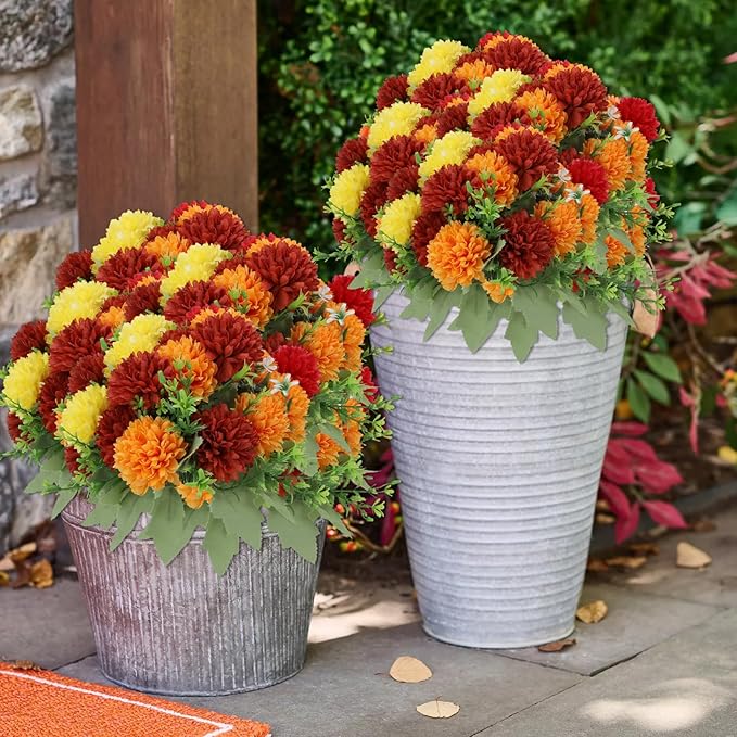 12 Pack with 84 Flower Heads Artificial Chrysanthemum Flowers, Fall Floral Decor for Indoor Outdoor, Porch, Patio, Front Yard, Planters