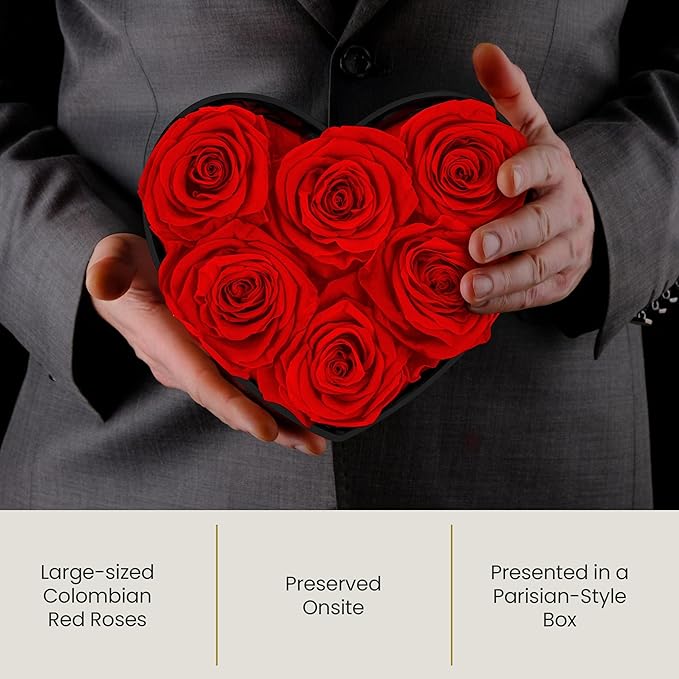 The Eternity Rose 6-Piece Preserved Roses in a Luxury Gift Box – Real Roses in Black Heart Box – A Valentine’s Gift as Everlasting as Your Love