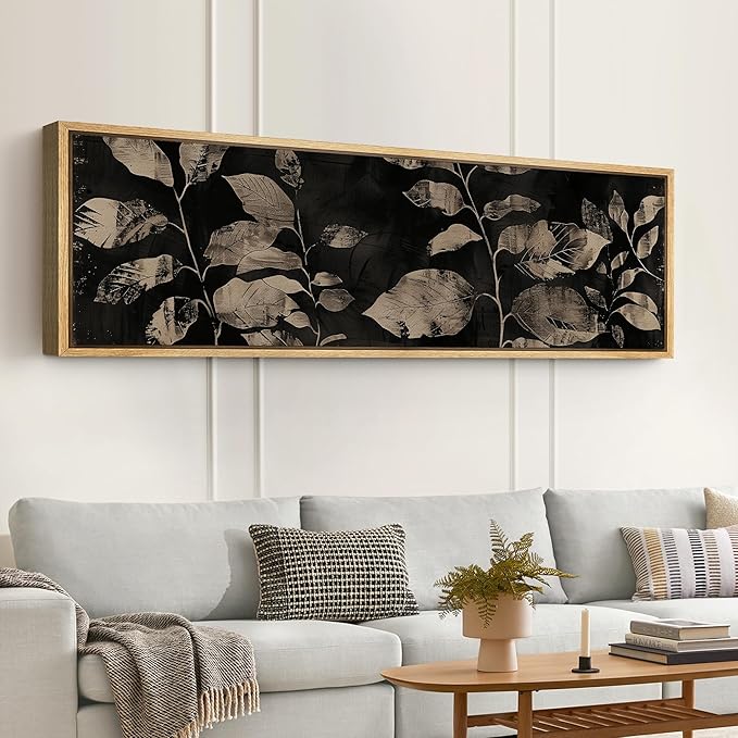 SIGNFORD Large Framed Canvas Print Wall Art Modern Noir Leaves Monochrome Botanical Shadows Illustrations Modern Art Calm Warm for Living Room, Bedroom, Office - 60"x20"