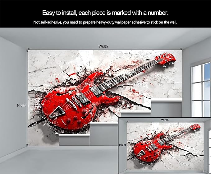 Red Electric Guitar Wall Mural, Grunge Style Guitar 3D Wall Murals, Rock Music 3D Explosion Wallpaper Mural, for Living Room Bedroom Large Wallpaper Indoor Decor 157.5" W x110.3 H