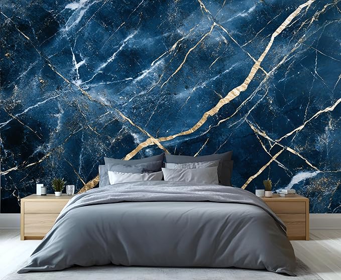 Blue Marble Wall Mural, Gold Vein Marble 3D Wall Murals, Luxury Navy Stone Wallpaper Mural, for Living Room Bedroom Large Wallpaper Indoor Decor 169.3" W x118.2 H