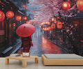 Japanese Street Wall Mural, Cherry Blossom Lantern Scene 3D Wall Murals, Romantic Rainy Evening Japan Wallpaper Mural, for Living Room Bedroom Large Wallpaper Indoor Decor 118" W x 82.6 "H