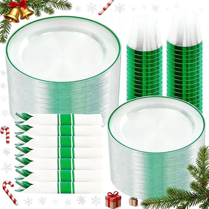 SUT 350 Pcs Green and Clear Plastic Dinnerware Set for 50 Guests, Include: 50 Dinner Plates, 50 Dessert Plates, 50 Pre Rolled Napkins With Silverware, 50 Cups, Disposable Plates for Party, Christmas