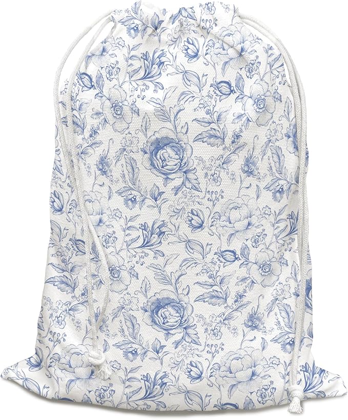 DSHFG Chinoiserie Blue Toile Floral Birthday Drawstring Gift Wrap Bags, Chinoiserie Baby Shower Drawstring Gift Bags Canvas, Blue and White Small Happy Birthday Bag, Gifts for Women, 10x13 Inch