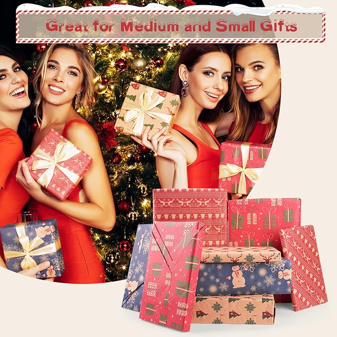 Happypapa Christmas Wrapping Paper, Kraft Xmas Wrapping Paper Rolls - Jingle Bell, Reindeer, Gift and Snowflakes Pattern - 4 Rolls - 17 Inch × 120 Inch Per Roll
