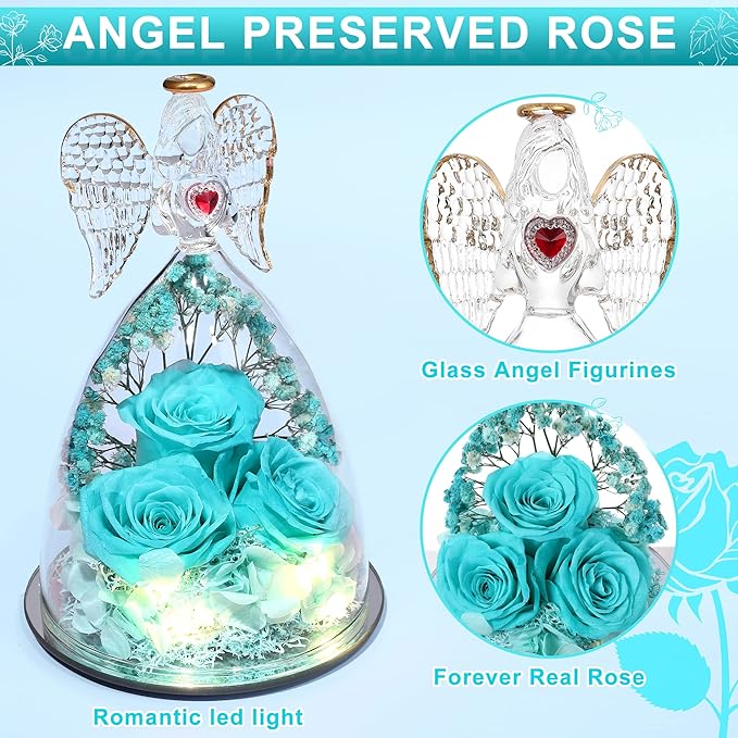 Mothers Day Rose Gifts for Women, Large Angel Figurines with Real Roses, Preserved Real Flower Rose for Her - Aqua Blue