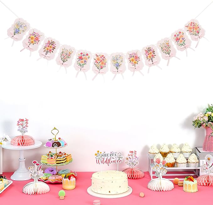 Floral Baby Shower Decorations Garland - Baby in Bloom Bow Banner, Flowers Baby Clothes Banner for Gender Reveal, 1st Birthday, Anniversary Party Backdrop