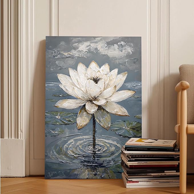 Stunning white lotus emerges from prismatic water with delicate petals background Serene aquatic wall art suitable for modern minimalist decor 12x18in Frameless